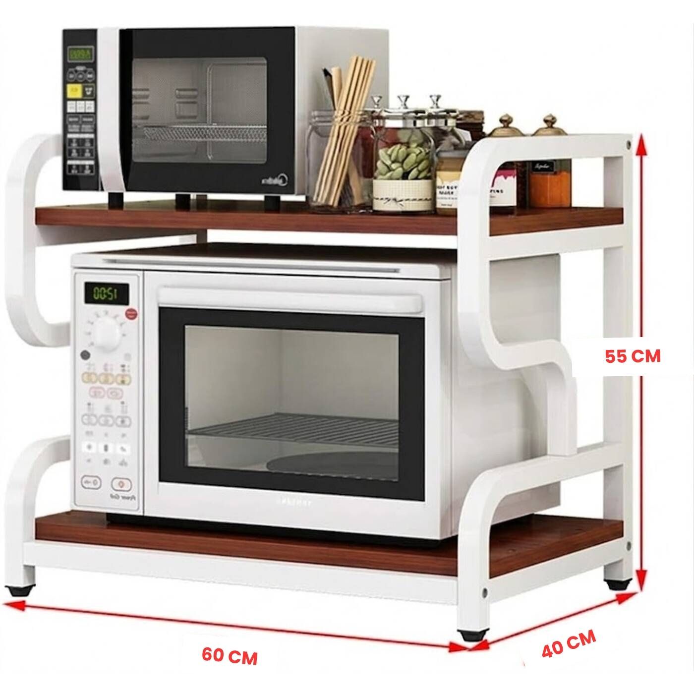 Dimensions of HavenzUp 2-tier microwave oven stand measuring 60 x 40 x 55 cm with metal frame and mahogany MDF shelves