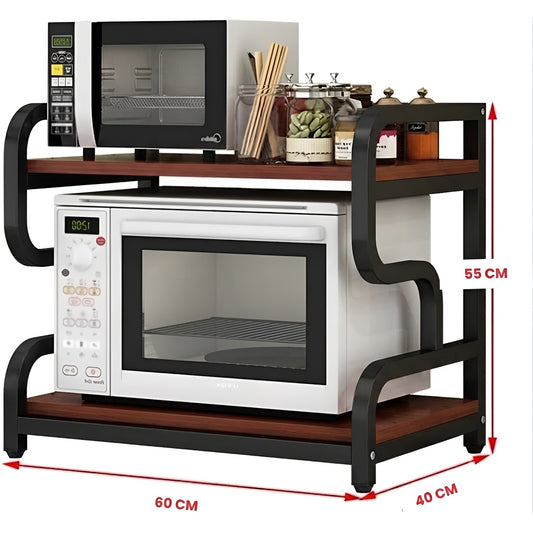 Dimensions of HavenzUp 2-tier microwave oven stand measuring 60 x 40 x 55 cm with metal frame and mahogany MDF shelves