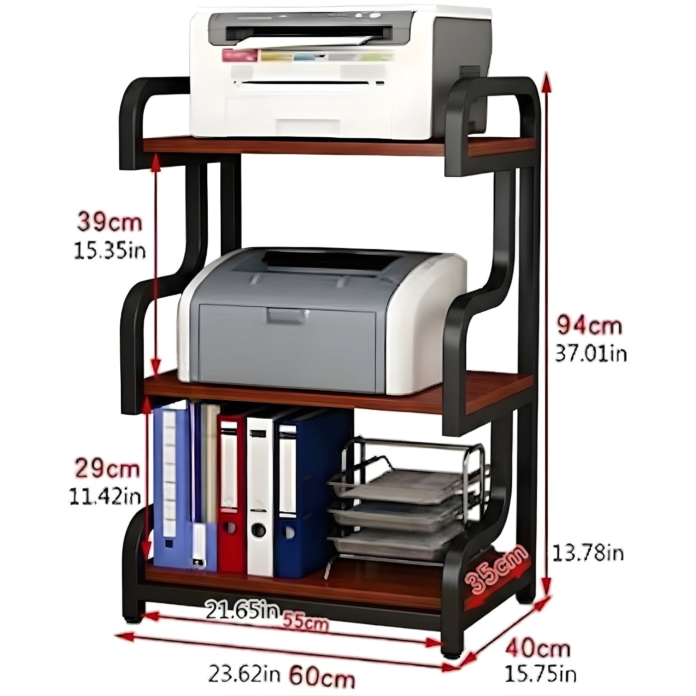 Dimensions of HavenzUp 3-tier printer stand and office storage rack measuring 94 x 40 x 60 cm with metal frame and mahogany MDF shelves