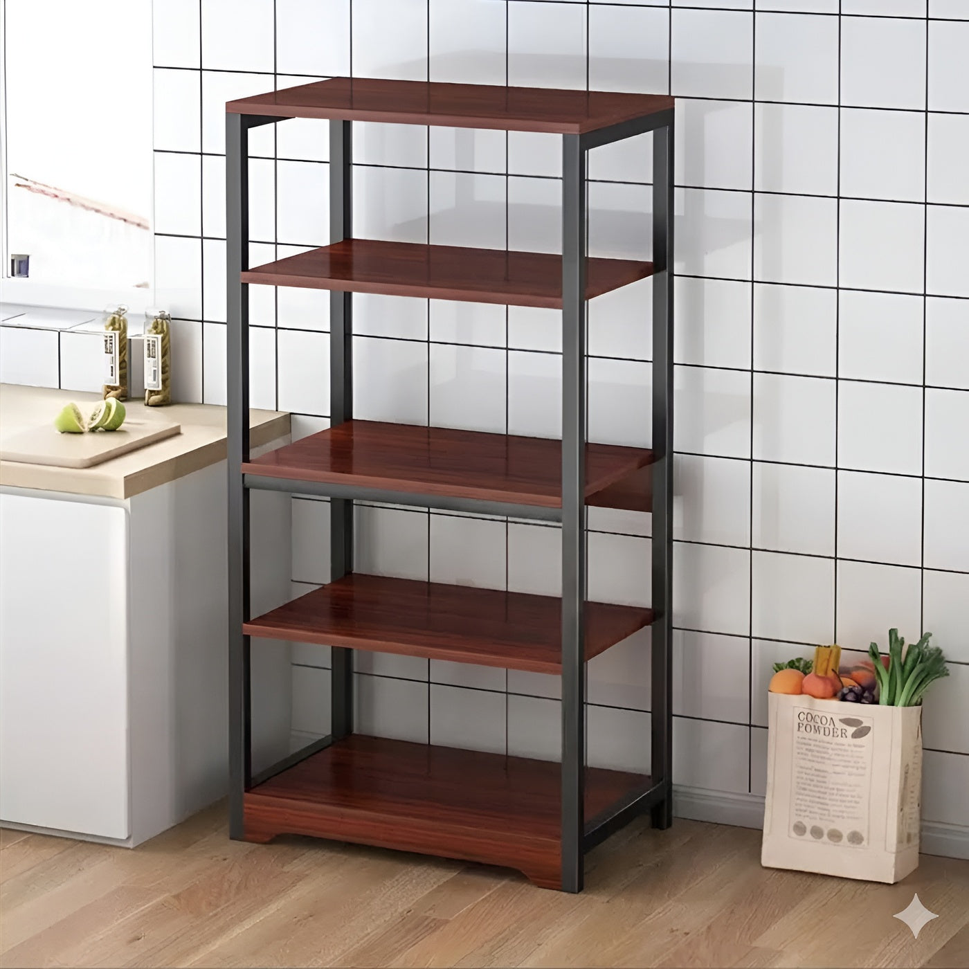 Empty 5-tier kitchen baker's rack showing storage shelves, microwave stand, and spice organizer layout