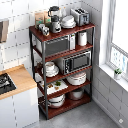 Top angle view of 5-tier kitchen baker's rack with microwave shelf and storage shelves