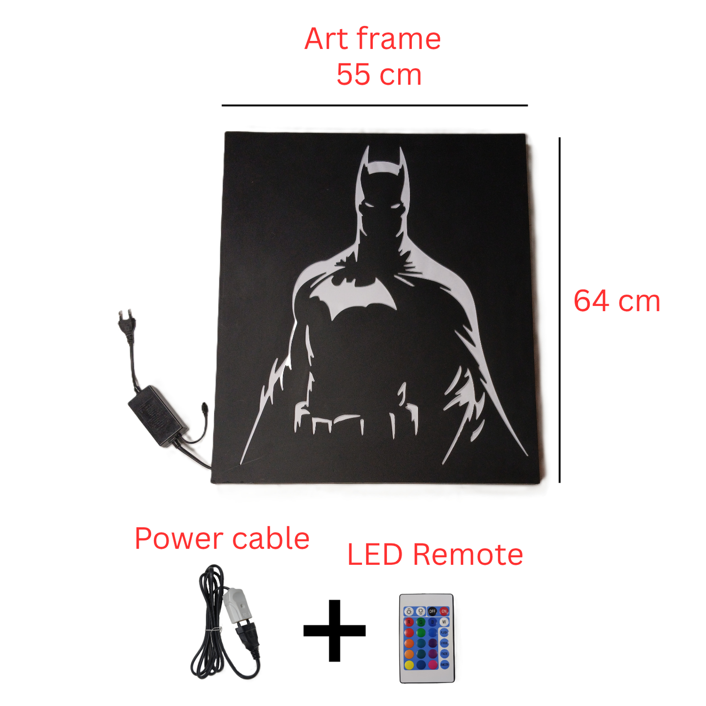Batman LED wall art box includes frame, power cable, and remote