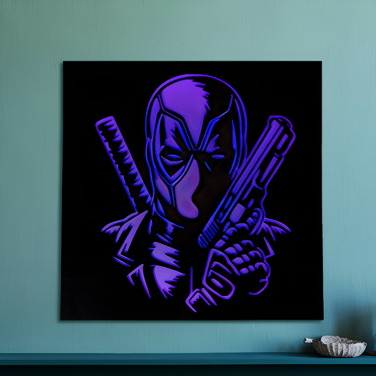 LED wall art featuring Deadpool comic character design