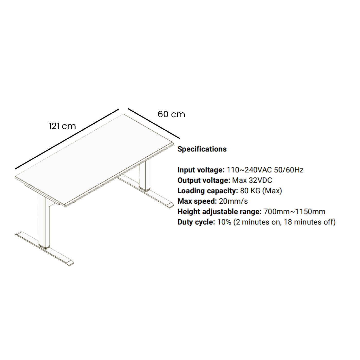 Electric standing desk specifications showing dimensions, height range, and input voltage