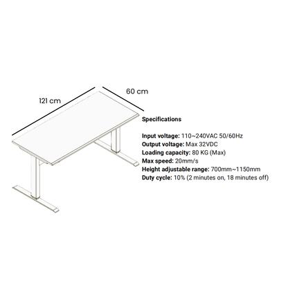 Electric standing desk specifications showing dimensions, height range, and input voltage