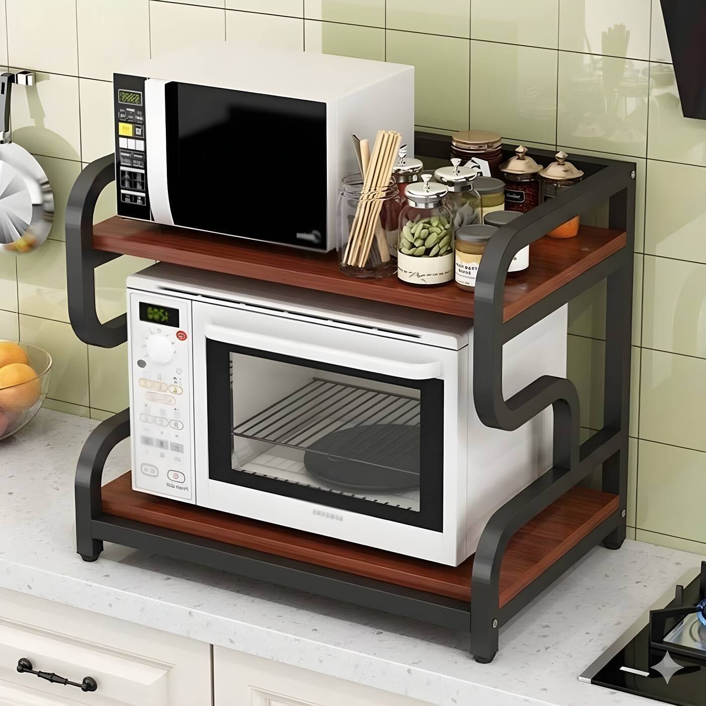 HavenzUp 2-tier microwave oven stand with black metal frame and mahogany MDF shelves for kitchen appliance and countertop storage