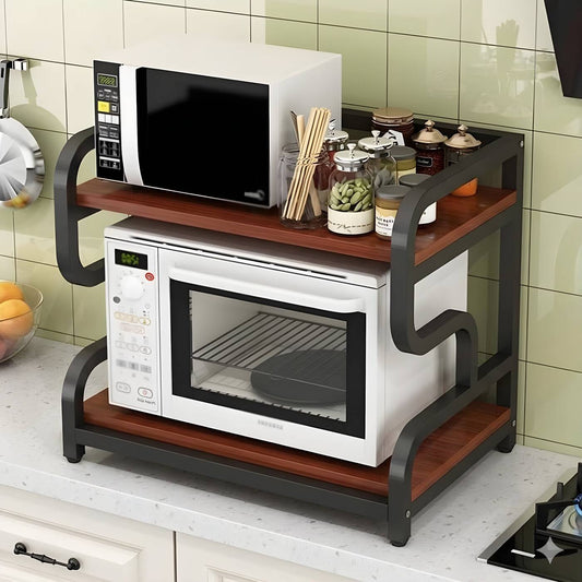 HavenzUp 2-tier microwave oven stand with black metal frame and mahogany MDF shelves for kitchen appliance and countertop storage