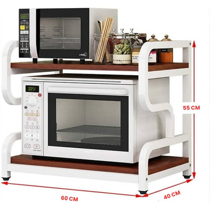 Dimensions of HavenzUp 2-tier microwave oven stand measuring 60 x 40 x 55 cm with metal frame and mahogany MDF shelves