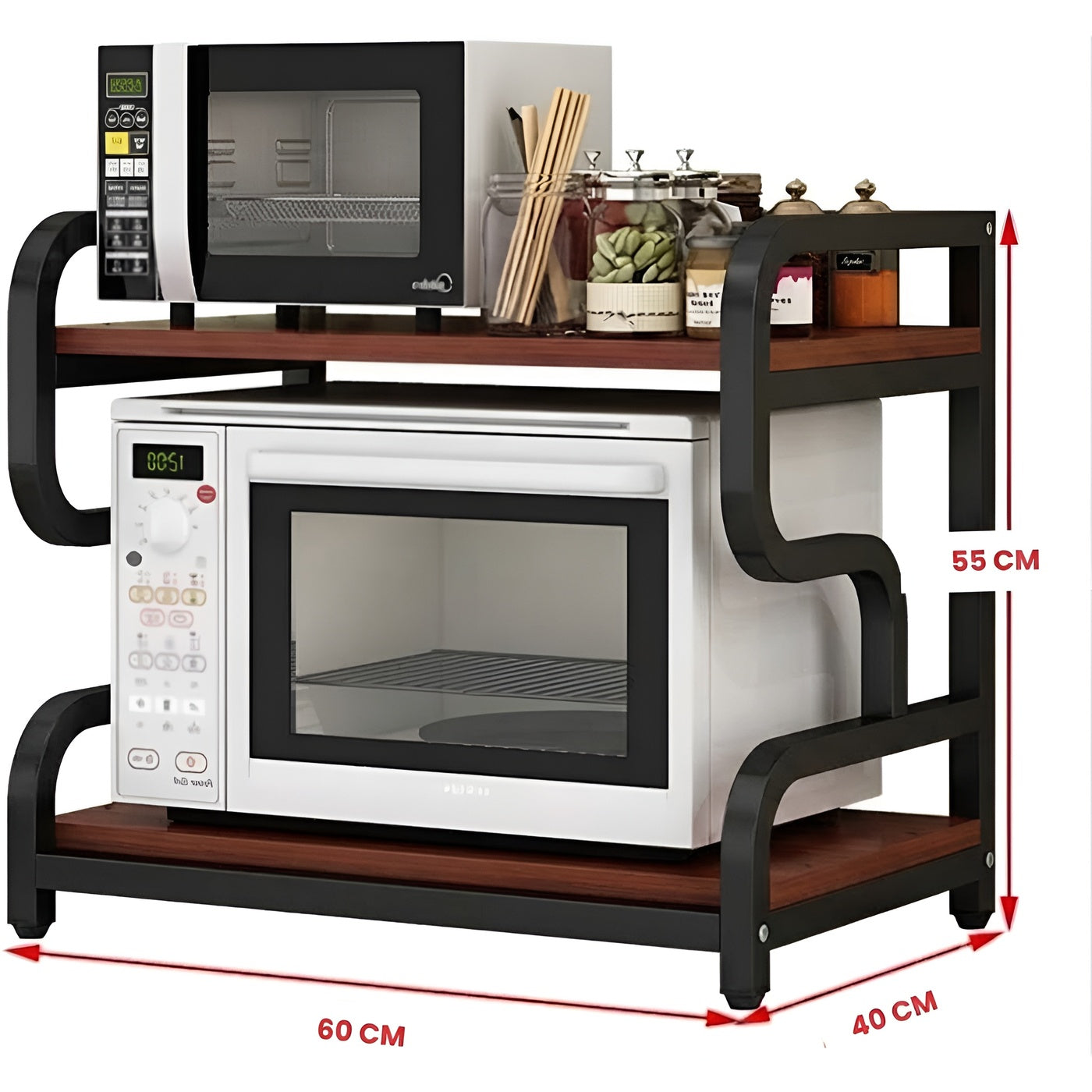 Dimensions of HavenzUp 2-tier microwave oven stand measuring 60 x 40 x 55 cm with metal frame and mahogany MDF shelves