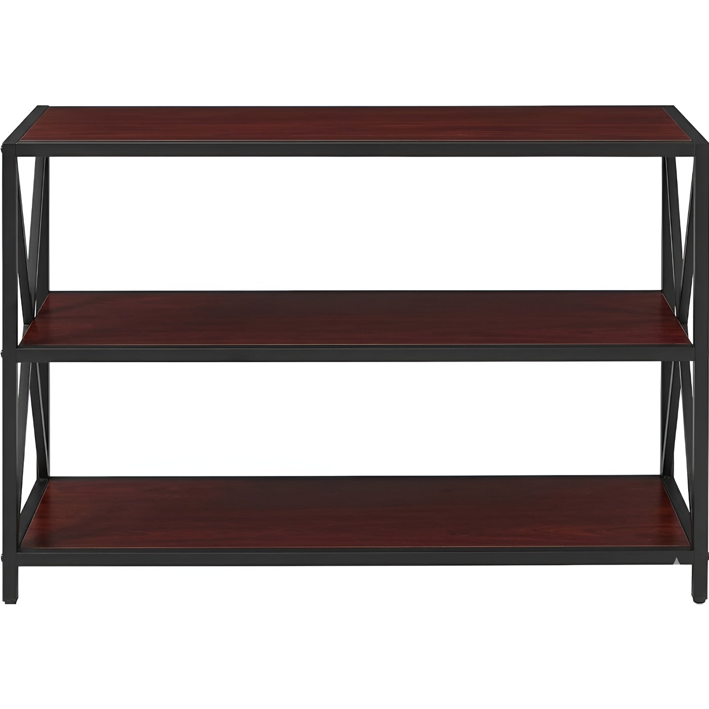 Empty HavenzUp 3-tier console table featuring mahogany MDF shelves and black metal frame for hallway and living room storage