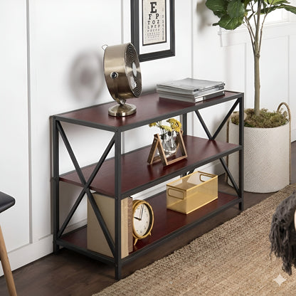 HavenzUp 3-tier console table with mahogany MDF shelves and black powder-coated metal frame in a modern living room