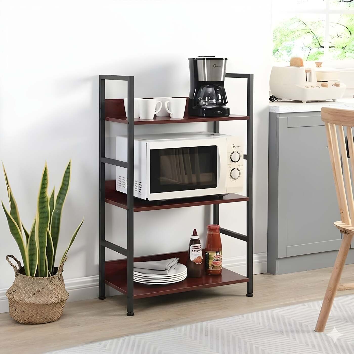 HavenzUp 3-tier kitchen microwave stand with mahogany MDF shelves and black powder-coated metal frame for kitchen appliance and crockery storage