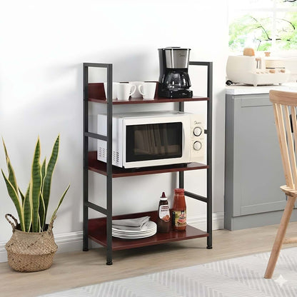 HavenzUp 3-tier kitchen microwave stand with mahogany MDF shelves and black powder-coated metal frame for kitchen appliance and crockery storage