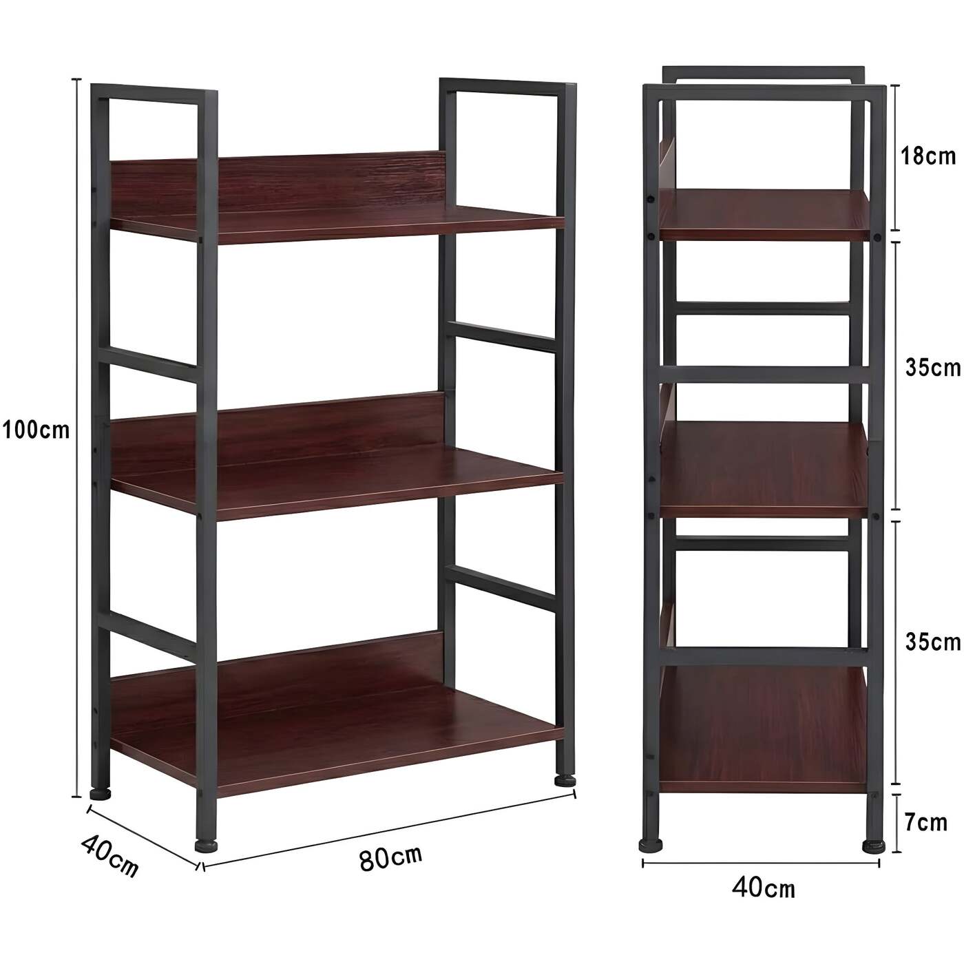 Dimensions of HavenzUp 3-tier kitchen microwave stand measuring 80 x 40 x 100 cm with mahogany shelves and black metal frame