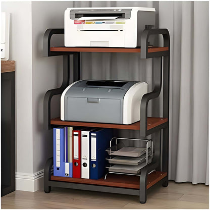 HavenzUp 3-tier printer stand and office storage rack with black powder-coated metal frame and mahogany MDF shelves for printers and file organization