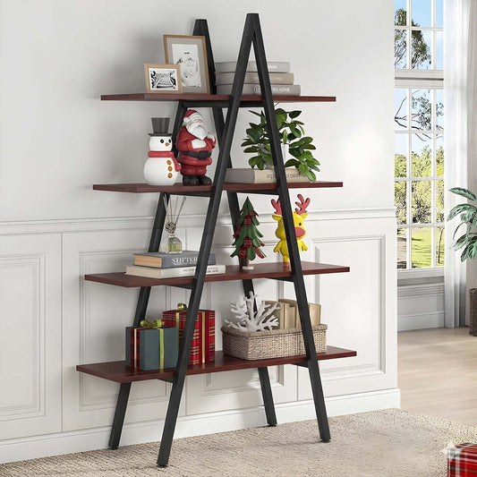 HavenzUp 4-tier A-shape ladder bookshelf with mahogany MDF shelves and black metal frame for office and home storage