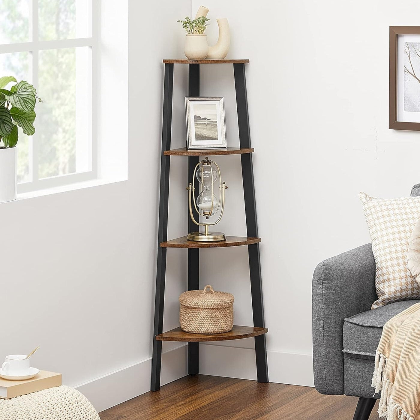 HavenzUp 4-tier corner shelf with mahogany MDF shelves and black metal frame for living room décor

