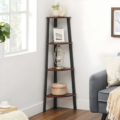 HavenzUp 4-tier corner shelf with mahogany MDF shelves and black metal frame for living room décor