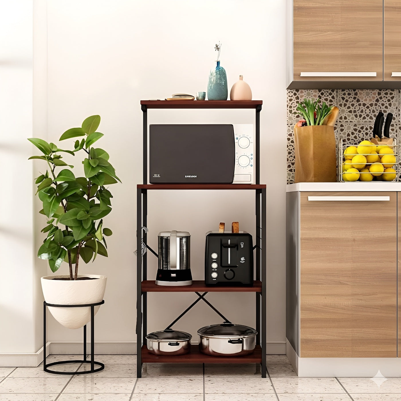 HavenzUp 4-tier kitchen storage rack with microwave shelf, side hooks and mahogany wood shelves front view