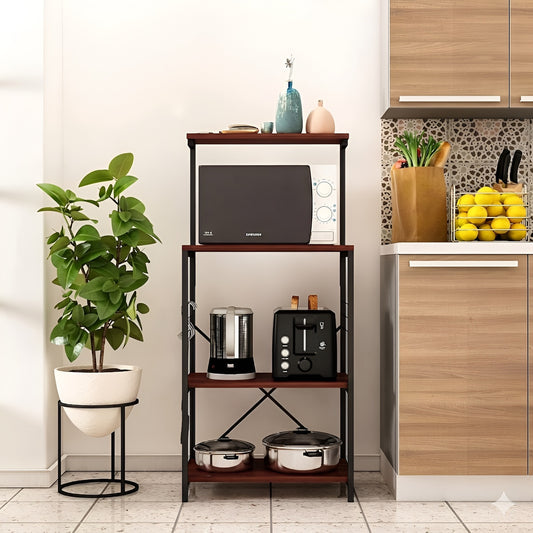 HavenzUp 4-tier kitchen storage rack with microwave shelf, side hooks and mahogany wood shelves front view