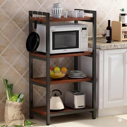 HavenzUp 4-tier kitchen storage rack with microwave stand featuring metal frame and mahogany MDF shelves for kitchen organization