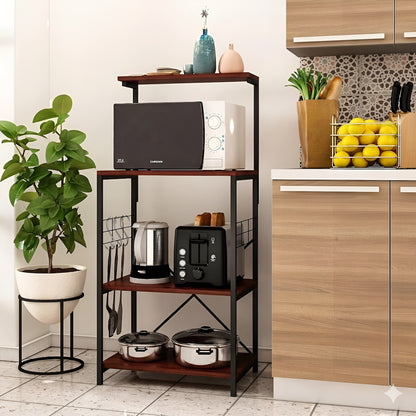 Side angle view of HavenzUp 4-tier kitchen baker's rack featuring metal frame, microwave shelf and storage shelves