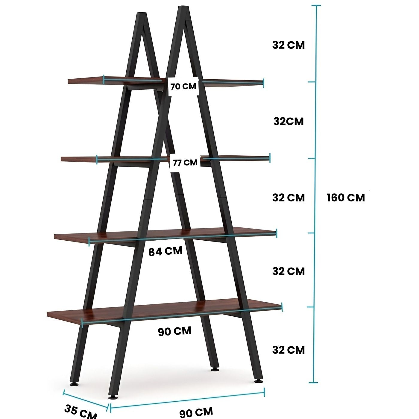 Dimensions of HavenzUp 4-tier A-shape ladder bookshelf measuring 160 cm height, 90 cm width and 35 cm depth