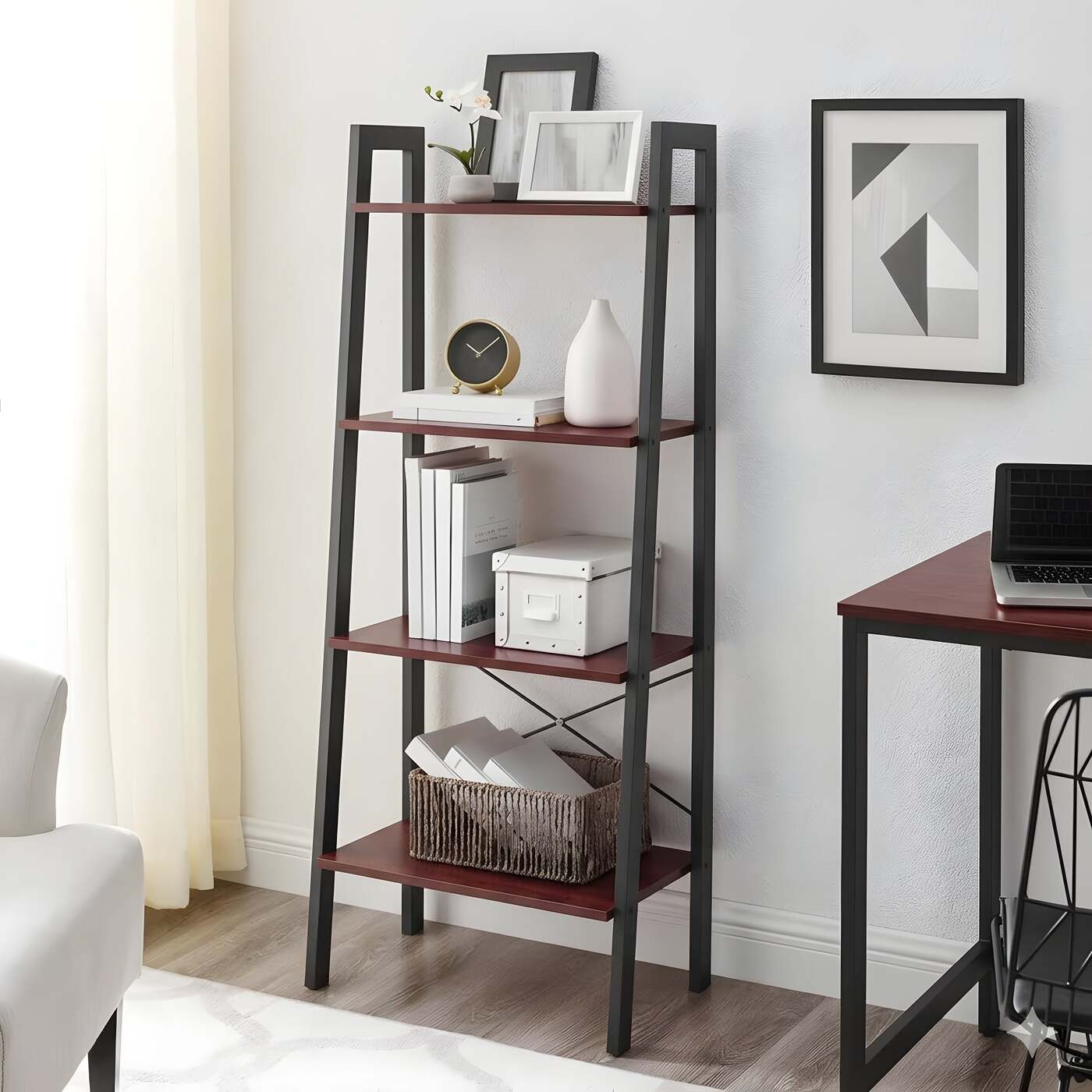 HavenzUp 4-tier ladder bookshelf with black metal frame and mahogany MDF shelves for home office storage