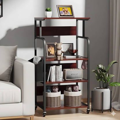 HavenzUp 4-tier rolling office storage shelf with mahogany MDF shelves, black metal frame and magazine holder for books, files and printer storage