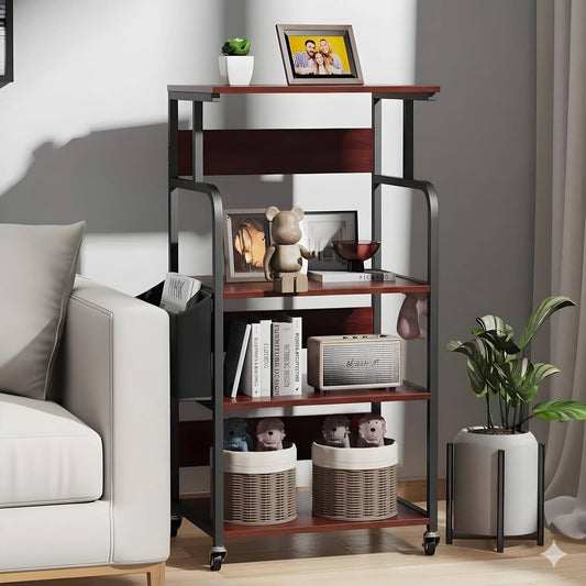 HavenzUp 4-tier rolling office storage shelf with mahogany MDF shelves, black metal frame and magazine holder for books, files and printer storage