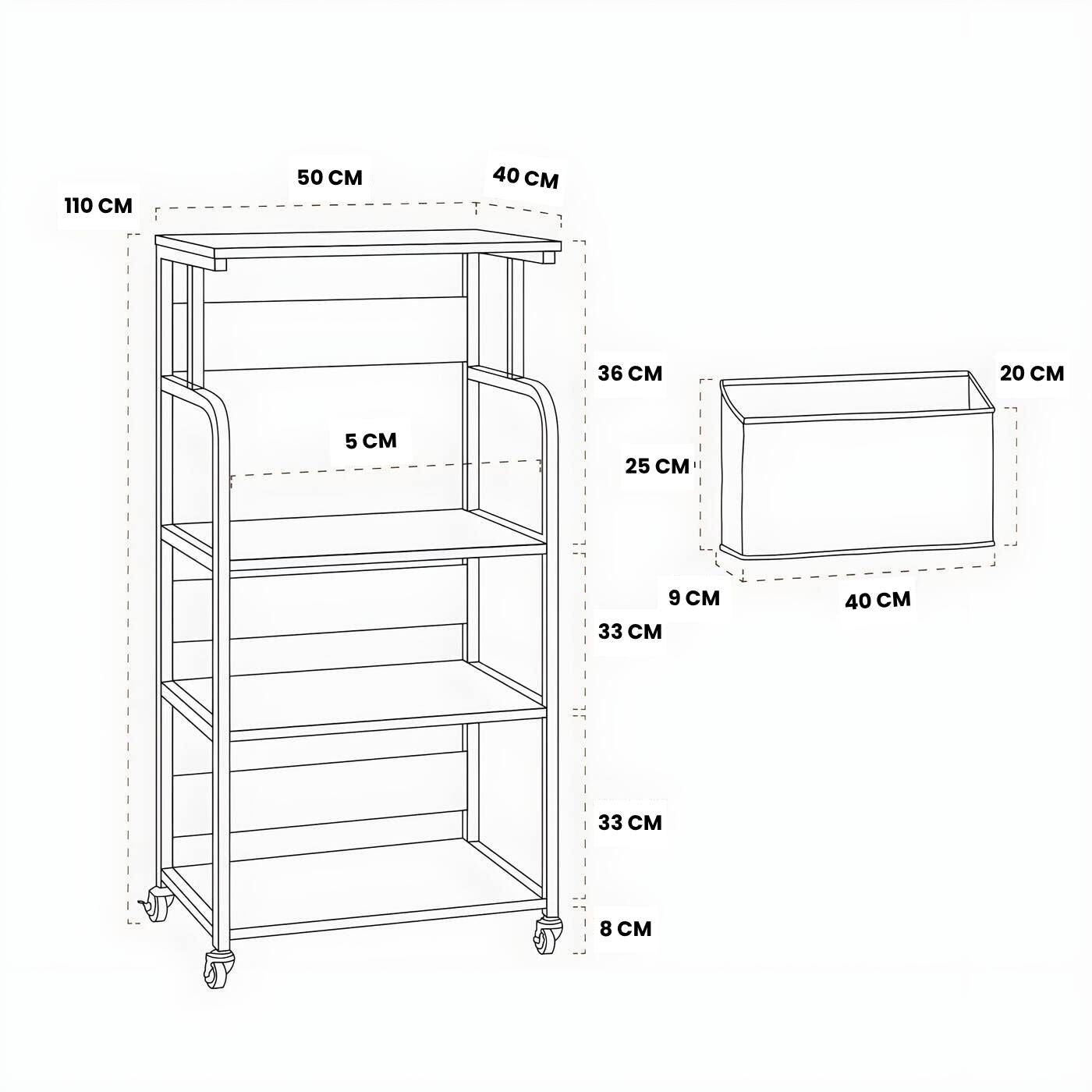 HavenzUp 4-tier rolling storage shelf dimensions showing 110 cm height, 50 cm width and 40 cm depth