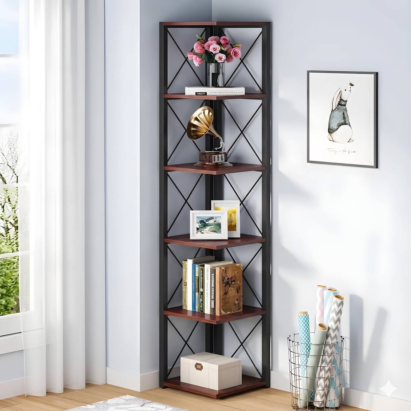 HavenzUp 6-tier corner shelf bookcase with black powder-coated metal frame and mahogany MDF shelves in a modern living room