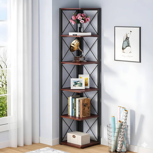 HavenzUp 6-tier corner shelf bookcase with black powder-coated metal frame and mahogany MDF shelves in a modern living room