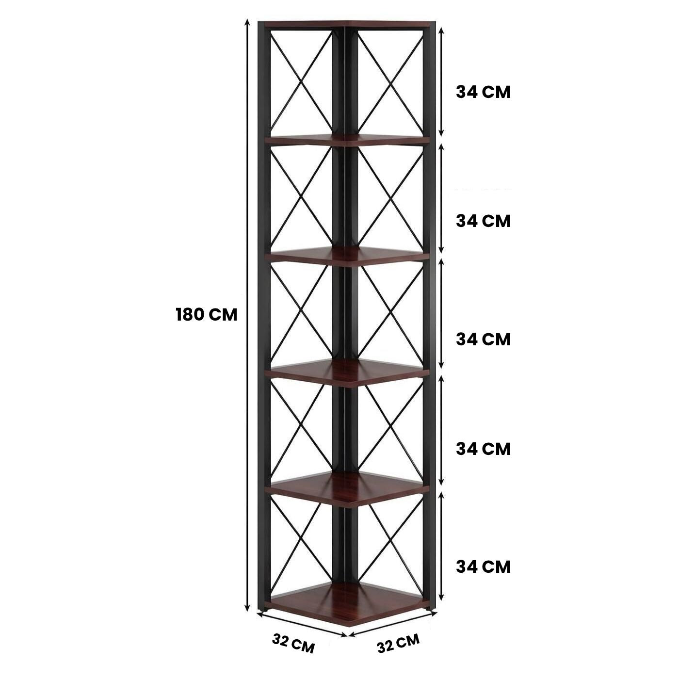 Dimensions of HavenzUp 6-tier corner shelf bookcase measuring 180 cm height and 32 cm width
