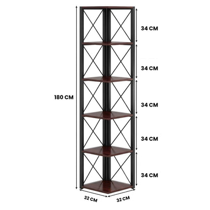 Dimensions of HavenzUp 6-tier corner shelf bookcase measuring 180 cm height and 32 cm width