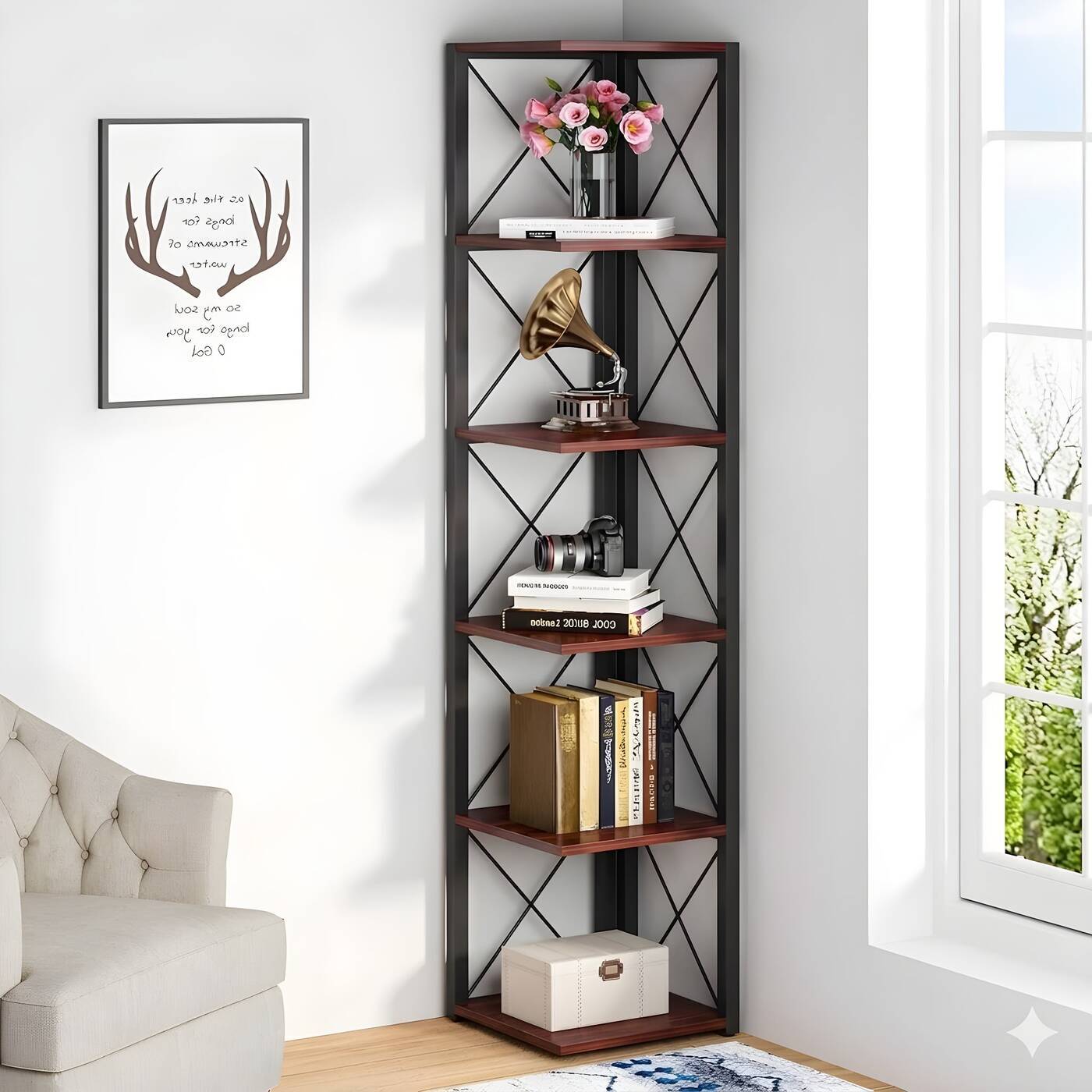 HavenzUp corner display shelf showcasing books, plants and decorative items on mahogany MDF shelves with black metal frame