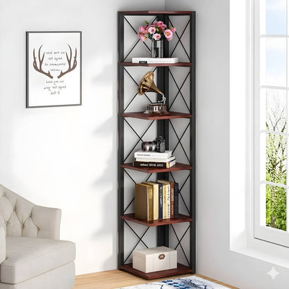 HavenzUp corner display shelf showcasing books, plants and decorative items on mahogany MDF shelves with black metal frame