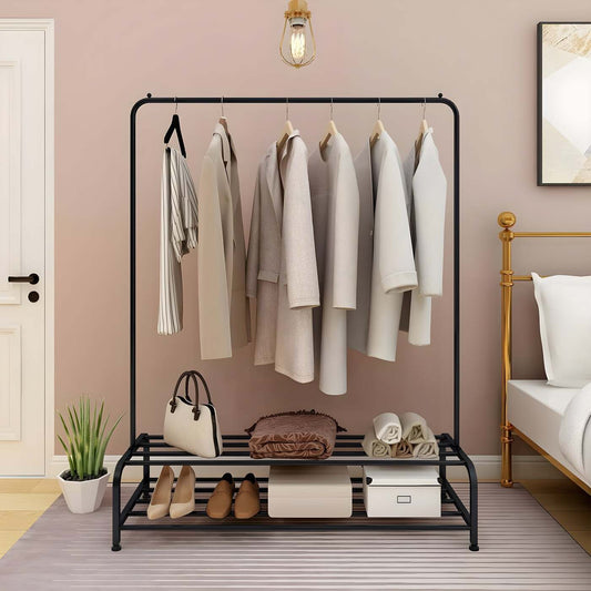 HavenzUp freestanding clothes and shoes rack with storage shelves in black powder-coated metal frame front view