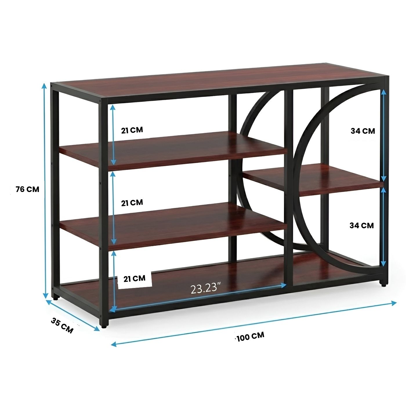 Dimensions of HavenzUp industrial media console table measuring 100 x 35 x 76 cm with storage shelves and record holder