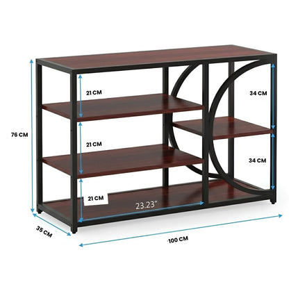 Dimensions of HavenzUp industrial media console table measuring 100 x 35 x 76 cm with storage shelves and record holder