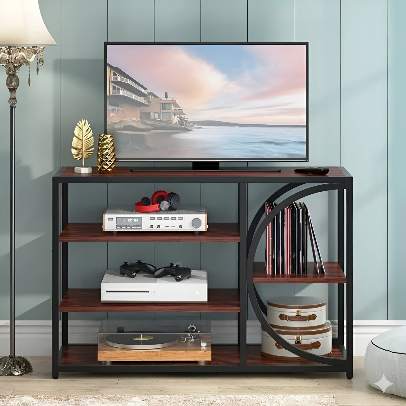 HavenzUp industrial media console table with mahogany MDF shelves and black metal frame for living room entertainment setup