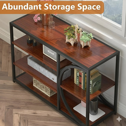 Side angle view of HavenzUp industrial media console table featuring open shelving, vinyl record storage, and black metal frame