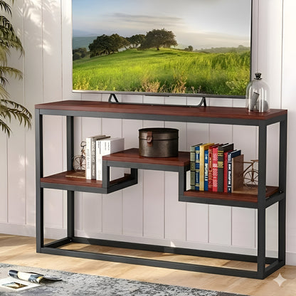 HavenzUp industrial TV stand and console table with mahogany MDF shelves and black powder-coated metal frame in a modern living room