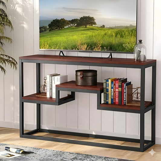 HavenzUp industrial TV stand and console table with mahogany MDF shelves and black powder-coated metal frame in a modern living room