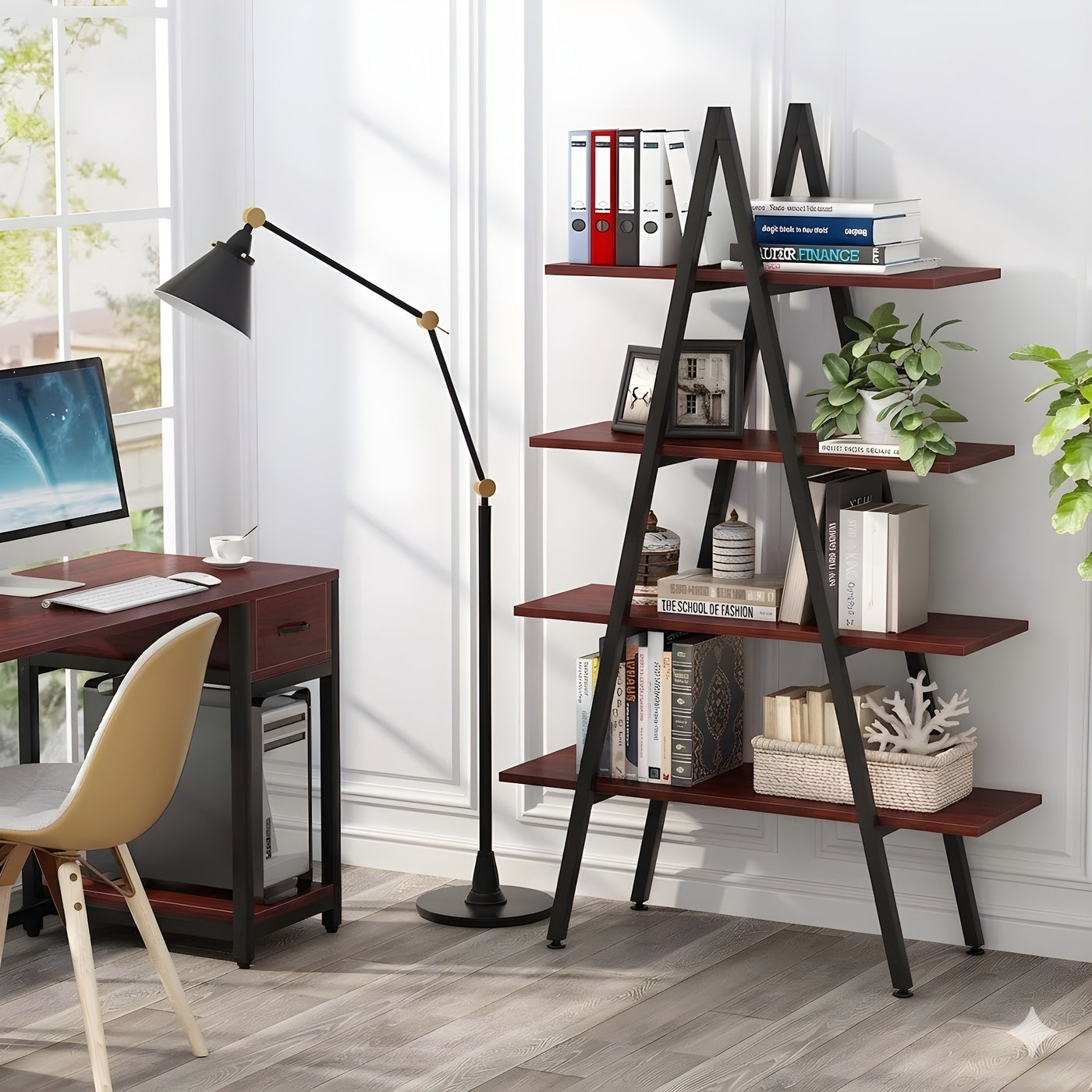 Side angle view of HavenzUp industrial ladder bookshelf featuring four MDF shelves and black powder-coated metal frame