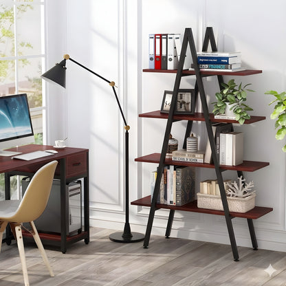 Side angle view of HavenzUp industrial ladder bookshelf featuring four MDF shelves and black powder-coated metal frame