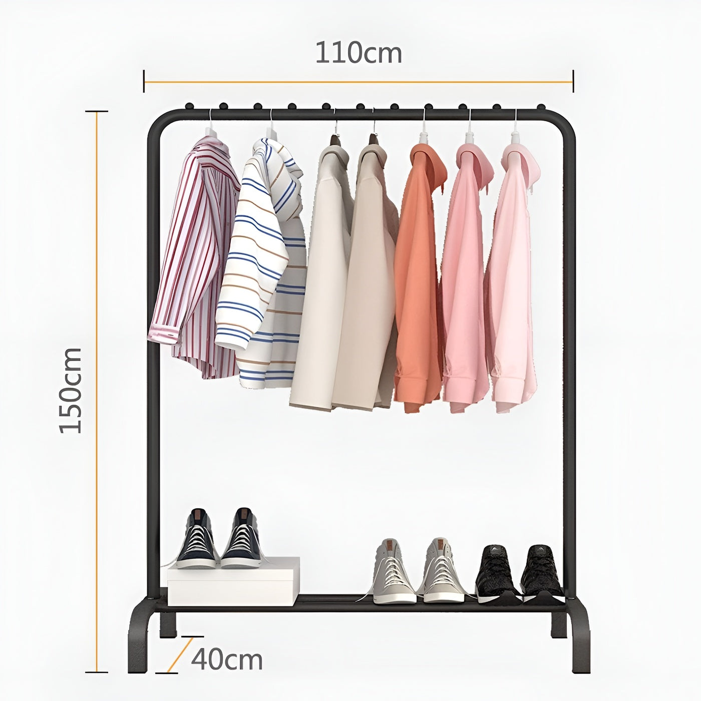 HavenzUp metal clothes rack size specification showing dimensions 110 cm width 40 cm depth and 150 cm height