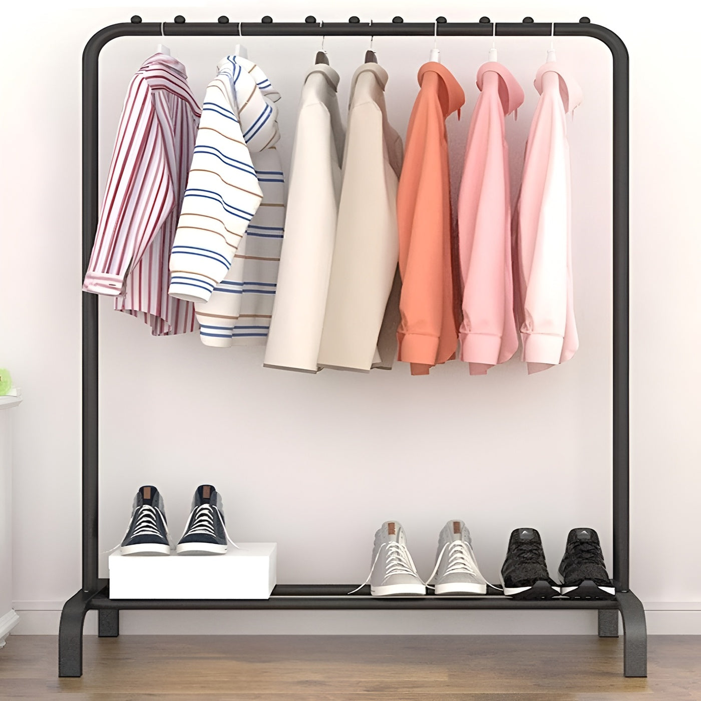 HavenzUp freestanding metal clothes rack with shoe shelf in matte black finish for bedroom and entryway organization