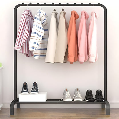 HavenzUp freestanding metal clothes rack with shoe shelf in matte black finish for bedroom and entryway organization