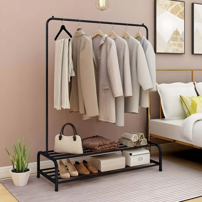 Side angle view of HavenzUp clothes rack with hanging rail and shoe storage shelves in black metal